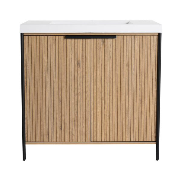 English Elm 36" Freestanding Bathroom Vanity with Resin Sink, Soft-Close Doors, Adjustable Shelf & Metal Handles Light Coffee W999S00296