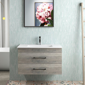 English Elm 32-Inch Grey Wood Grain Wall-Mounted Bathroom Vanity With Soft-Close Drawers & White Sink W3151S00015