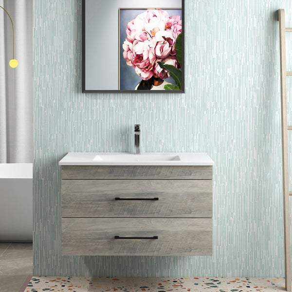 English Elm 32-Inch Grey Wood Grain Wall-Mounted Bathroom Vanity With Soft-Close Drawers & White Sink W3151S00015