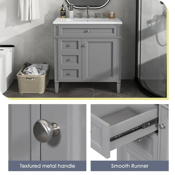 English Elm 30'' Modern Bathroom Vanity With Ceramic Sink, 2 Smooth-Glide Drawers & Tip-Out Compartment Storage N710P206904E