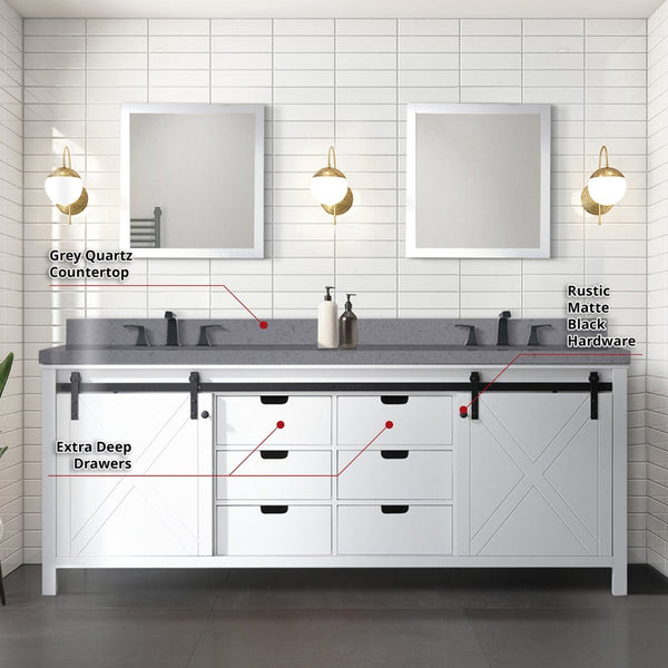 English Elm White Double Bath Vanity 84" W With Grey Quartz Countertop, Matte Black Faucets & Matching Mirrors B2731S01079-GIGA