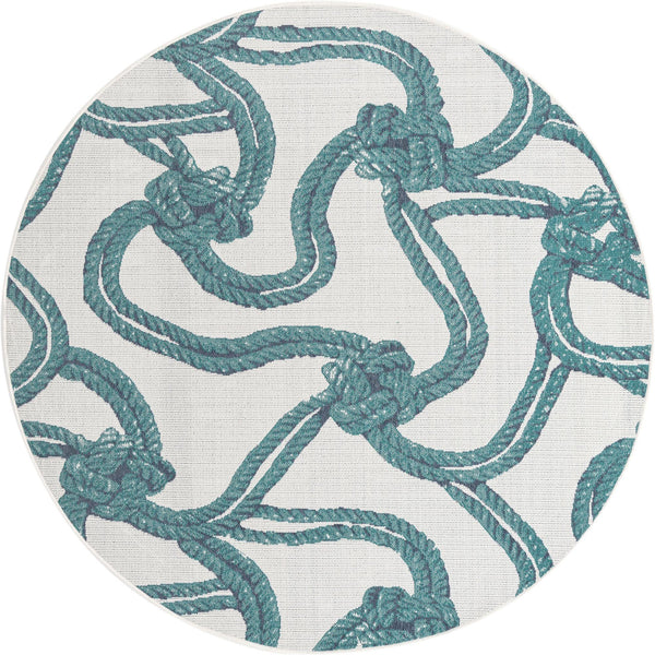 Unique Loom Outdoor Coastal Tethered Machine Made Solid Print Rug Ivory, Navy Blue/Green 7' 1" x 7' 1"