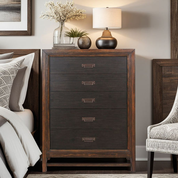 English Elm Five-Drawer Chest in Two-Tone Rustic Buckeye & Black Finish with Antique Brass Hardware, Ready-to-Use B108P163826
