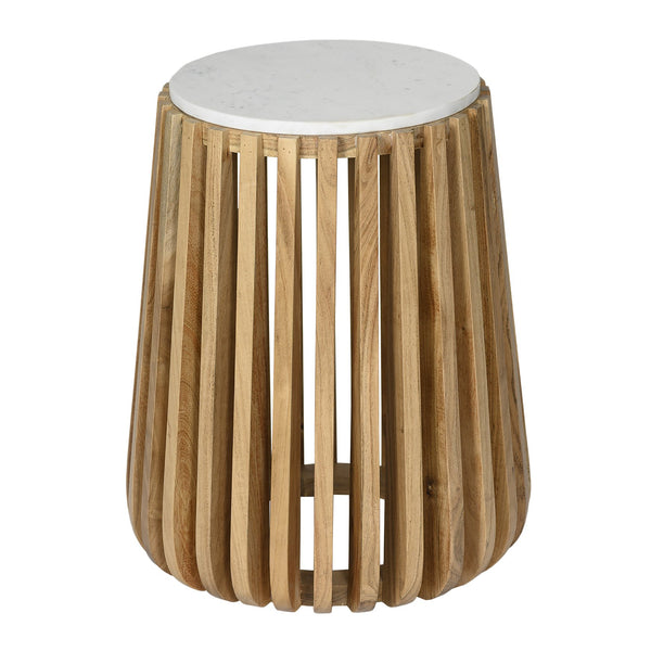 English Elm Modern Pedestal Side Table with White Marble Top and Fluted Mango Wood Base — Chic Compact Accent Piece Brown+White 26 L x 22 W x 22 H B2741P285781