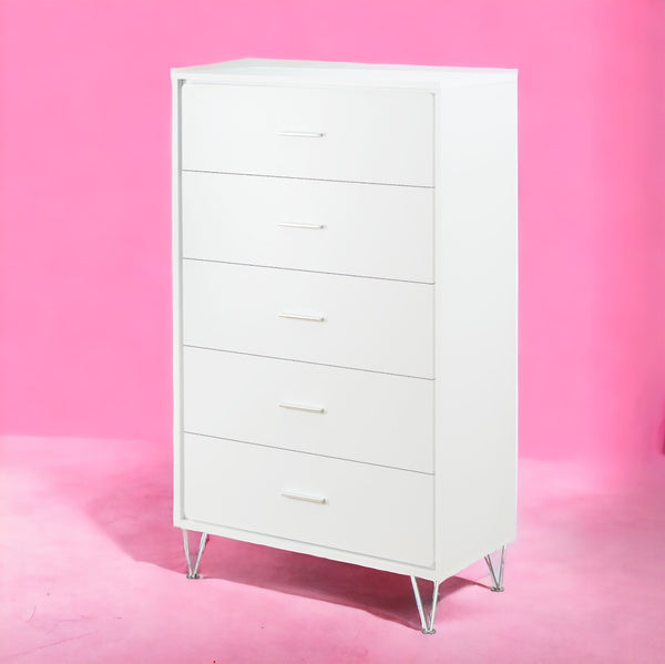 English Elm White 5-Drawer Chest For Modern Storage | Crisp Finish, Polished Chrome Legs & Effortless Access B062P209028-GIGA