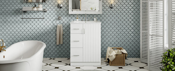 English Elm 24" Modern Bathroom Vanity with Under-Mount Sink, Vertical Stripe Design, 2 Drawers & Soft-Close Cabinet White N710P288936K