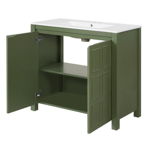 English Elm 36" Bathroom Vanity Organizer with Ceramic Sink, Solid Wood Distressed Finish, Hand-Painted Charm and Ample Storage Olive Green N729P255666F