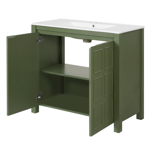 English Elm 36" Bathroom Vanity Organizer with Ceramic Sink, Solid Wood Distressed Finish, Hand-Painted Charm and Ample Storage Olive Green N729P255666F