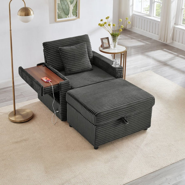 English Elm Comfortable Chenille Chaise Lounge Chair with Usb Port Hidden Storage Ottoman W3705P476389