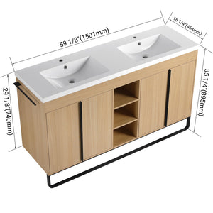 English Elm 60" Freestanding Bathroom Vanity with Dual Resin Sink, 4 Soft-Close Doors, 3 Open Shelves & Towel Hanger, Plywood Storage Boxes, Modern Durable Hardware W999S00480