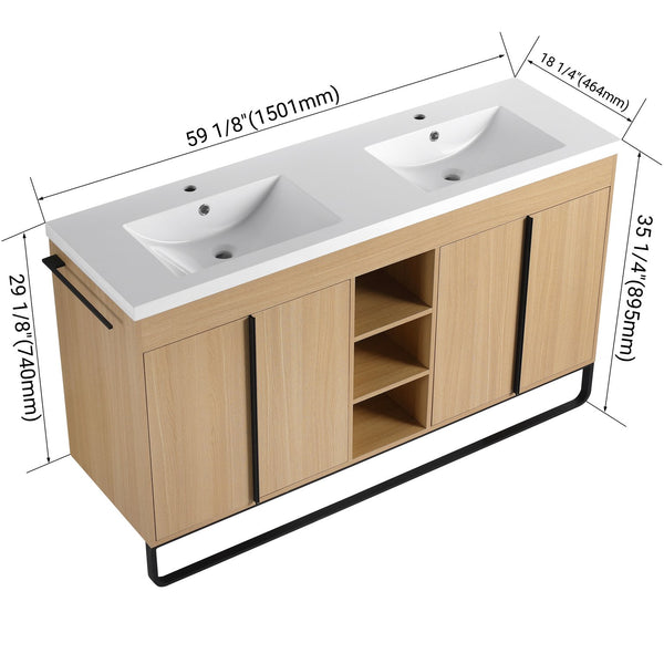 English Elm 60" Freestanding Bathroom Vanity with Dual Resin Sink, 4 Soft-Close Doors, 3 Open Shelves & Towel Hanger, Plywood Storage Boxes, Modern Durable Hardware W999S00480