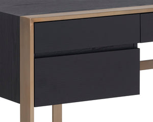 Sunpan Dalton Modern Desk in Black Oak Veneer with Antique Brass Frame - Stylish Storage Solution for All Spaces