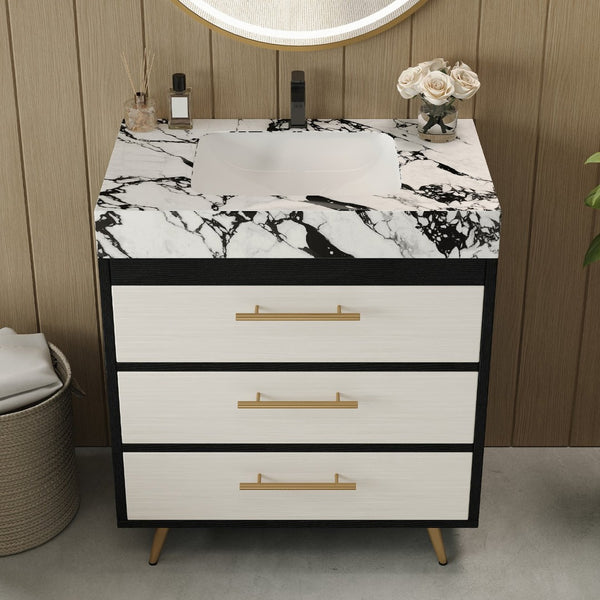 English Elm Modern Freestanding Bathroom Vanity with Sintered Stone Top and Golden Steel Legs W3136S00050