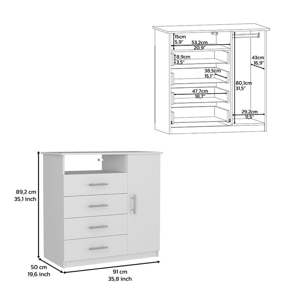 English Elm 4 Drawer Dresser with Open Shelf and Single Door Cabinet, Engineered Wood, Spacious Storage Appeal White 37 L x 20 W x 5 H B097S00108