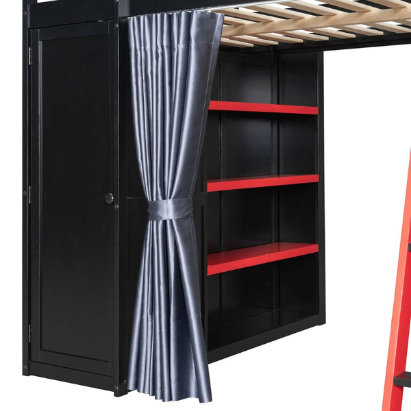 English Elm Full Size Wood Loft Bed with Wardrobe Desk Shelves Rgb Lighting and Blackout Curtains Black+Red LT000269AAJ-1