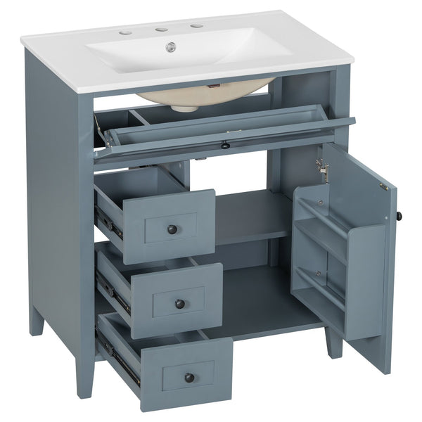 English Elm 30-Inch Contemporary Bathroom Vanity with Sink, MDF & Rubberwood, Glossy Finish, 3 Drawers + Cabinet Blue Gray N725P350819E