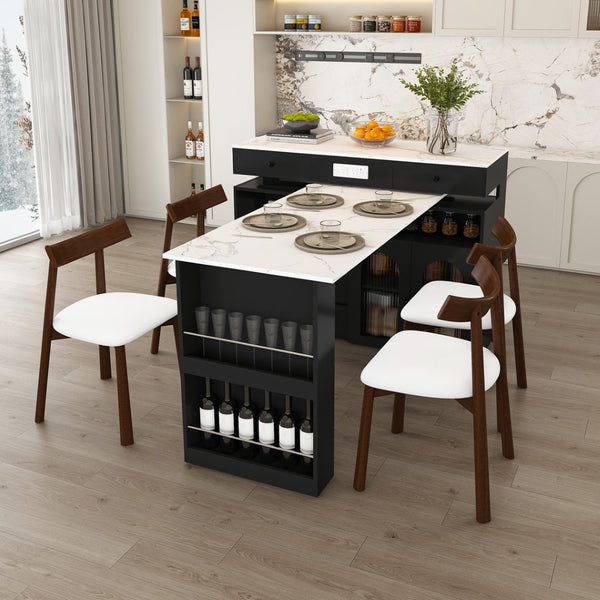English Elm Kitchen Island Dining Set Marble Veneer Rotating Top Solid Wood Chairs Retro Modern White W2700S00121