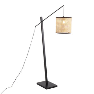 English Elm Arturo Contemporary Floor Lamp: Black Wood & Steel With Woven Rattan Shade For Cozy Illumination B202S01386