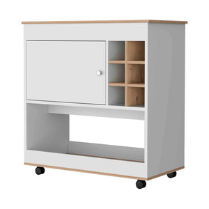 English Elm Seattle Tall Bar Cabinet with Eight Bottle Cubbies Open Shelving and Enclosed Storage B128P322513