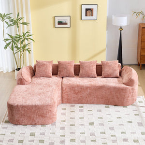 English Elm Pink chenille L-shaped sofa with high-elastic sponge, curved armrests, 4 throw pillows, 900lb capacity W3612S00018