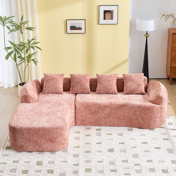 English Elm Pink chenille L-shaped sofa with high-elastic sponge, curved armrests, 4 throw pillows, 900lb capacity W3612S00018