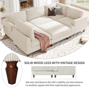 English Elm U_Style Modular Sectional Sofa with Ottoman — Spacious 5-6 Seater L-Shaped Corner Sofa, Plywood Frame, Durable Polyester Upholstery Beige WY000421AAA