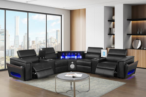 English Elm Nova Tech Sectional with Led Bar Bluetooth Speakers Power Recliners and Freezer Console Black B009S02165