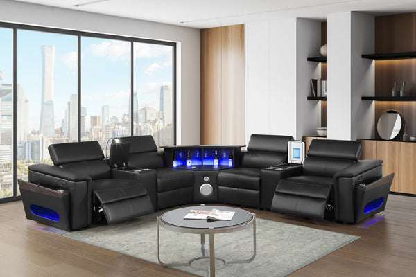 English Elm Nova Tech Sectional with Led Bar Bluetooth Speakers Power Recliners and Freezer Console Black B009S02165