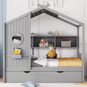 English Elm Wooden Full Size House Bed with Trundle and Built-In Shelves — Modern Pine Frame, Whimsical Roof Design Gray 57.2 L x 16.25 W x 5.9 H N733S316125E