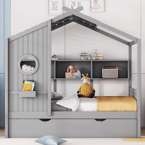 English Elm Wooden Full Size House Bed with Trundle and Built-In Shelves — Modern Pine Frame, Whimsical Roof Design Gray 57.2 L x 16.25 W x 5.9 H N733S316125E