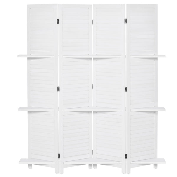 English Elm HOMCOM 4-Panel 67" Wood Privacy Screen Room Divider with 3 Removable Shelves, Folding White Decor W2225P200779