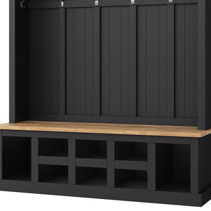 English Elm Hall Tree with Silver Hooks Open Shelving and Wood Grain Bench for Entryway Storage WF326067AAB