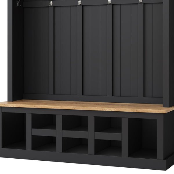 English Elm Hall Tree with Silver Hooks Open Shelving and Wood Grain Bench for Entryway Storage WF326067AAB