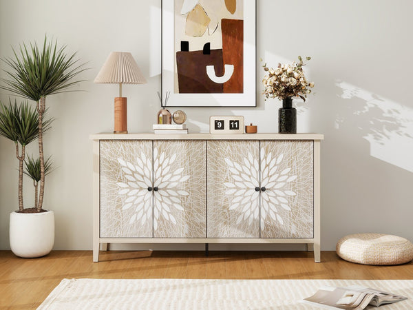 English Elm Sideboard Elegant Floral Handle Buffet Cabinet with 4 Doors, Adjustable Shelves & Reinforced Feet for Dining Room Storage Natural W688P232756