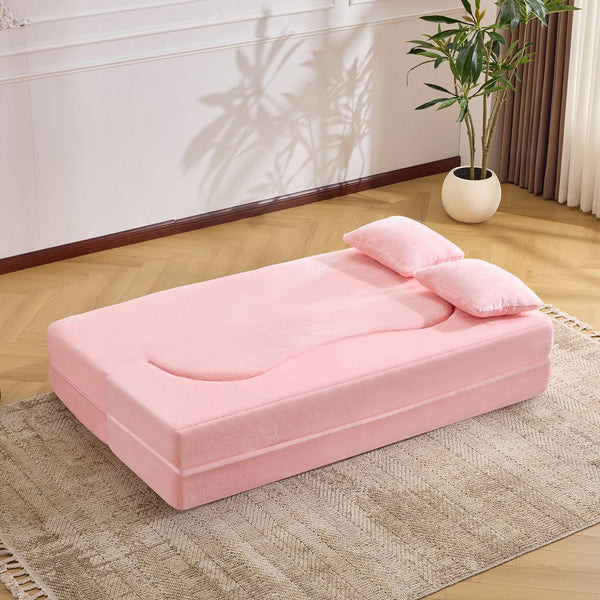 English Elm 71-inch plush folding sofa bed with high-density foam, faux fur futon convertible for guests and yoga Pink W1829P362300