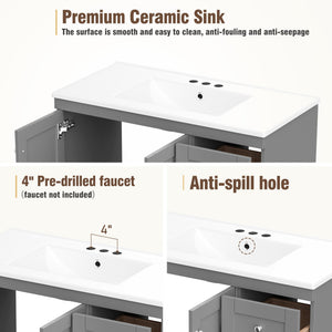 English Elm 72 Shaker Bathroom Vanity 72" Double-Sink Freestanding with Ceramic Basin, Soft-Close Drawers & Doors Grey N729P000010E