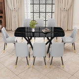 Hearth and Haven 1 Table and 8 Chairs Set.A Rectangular Dining Table with a Imitation Marble Black Table Top and Black Metal Legs.Paired with 8 Chairs with Leatherette Leather Seat Cushion and Black Metal Legs.F-1538, C-007 W1151S00966 W1151S00966