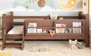 English Elm Twin Pine Floor Bed for Kids with Side Bookcases Built-in Stairs and Safety Guardrails Natural W1580P390215