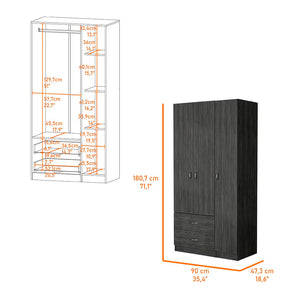 English Elm Eureka Smoke Oak Three-Door Armoire with Rod, Two Deep Drawers & Adjustable Shelves — 70.8"H x 35.4"W B128S00087