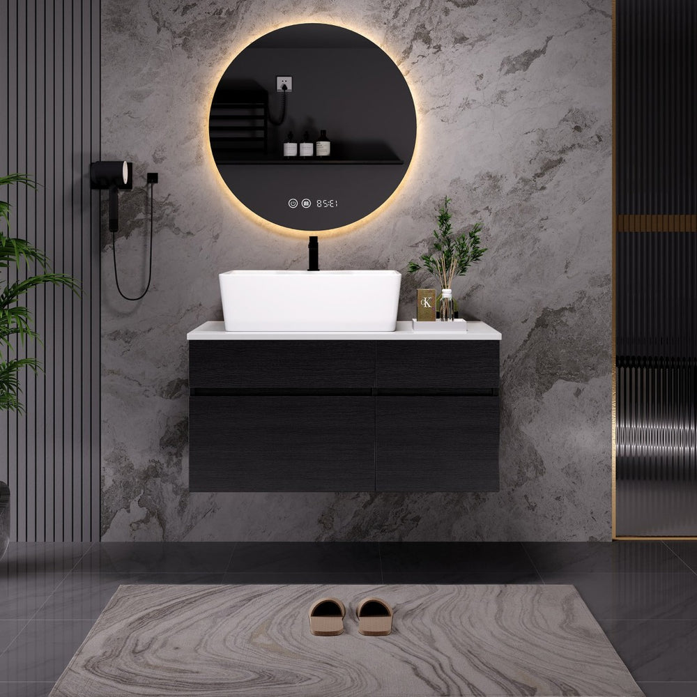 English Elm 31.5 Inch Floating Wall Mounted Bathroom Vanity with Vessel Ceramic Sink Soft Close W3136S00080