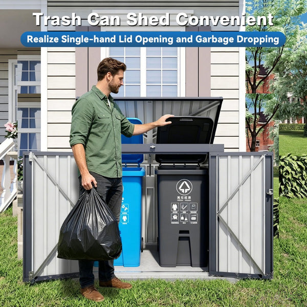 English Elm Outdoor Metal Trash Bin Enclosure for Two Cans Waterproof Powder-coated Yard Shed W3213P445772