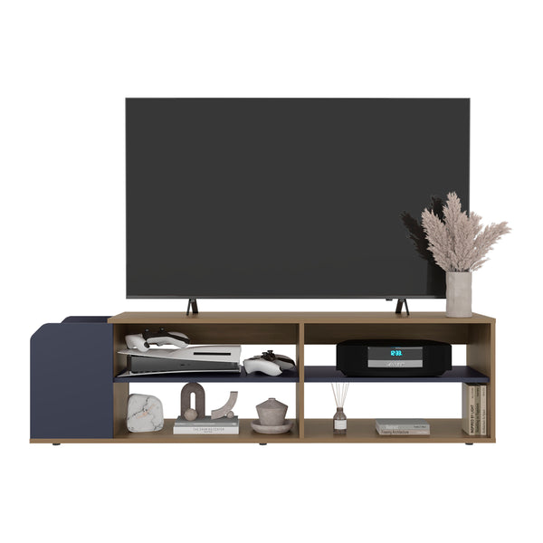 English Elm Modern TV Stand Navy Blue & Natural Oak 59" Entertainment Console with Open Shelves, Scratch-Resistant Finish B128P387084