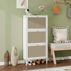 English Elm Rattan 3 Door Shoe Rack with Metal Base and Anti-Slip Feet, Double Shelf Storage for Entryway White W688P211259