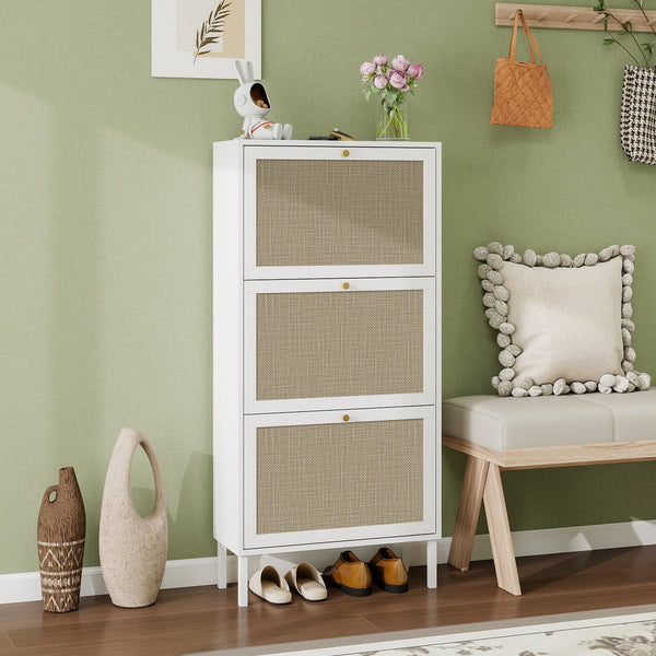 English Elm Rattan 3 Door Shoe Rack with Metal Base and Anti-Slip Feet, Double Shelf Storage for Entryway White W688P211259