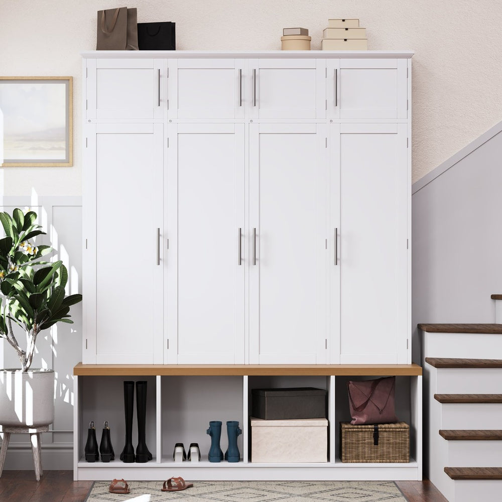 English Elm Wood Entryway Hall Tree with Bench Seating Coat Hooks Shoe Cubbies Cabinet White W5271S00004