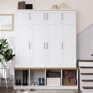 English Elm Wood Entryway Hall Tree with Bench Seating Coat Hooks Shoe Cubbies Cabinet White W5271S00004