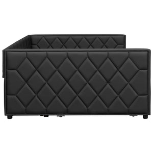 English Elm Full XL Upholstered Daybed with Trundle and Built-In LED Lighting, Tufted Arms, Solid Wood Frame Black N7090000611B