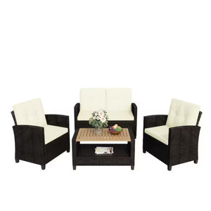 English Elm 4-piece Wicker Outdoor Conversation Set with Acacia Wood Table and Foam Cushions Beige+Brown B082S00061