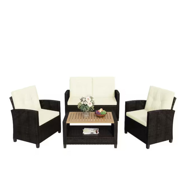 English Elm 4-piece Wicker Outdoor Conversation Set with Acacia Wood Table and Foam Cushions Beige+Brown B082S00061