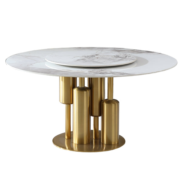 English Elm Modern Marble Dining Table with 59" Sintered Stone Top, 360° Lazy Susan, Durable Stain-Resistant Finish Gold,Gold+White W2699S00009